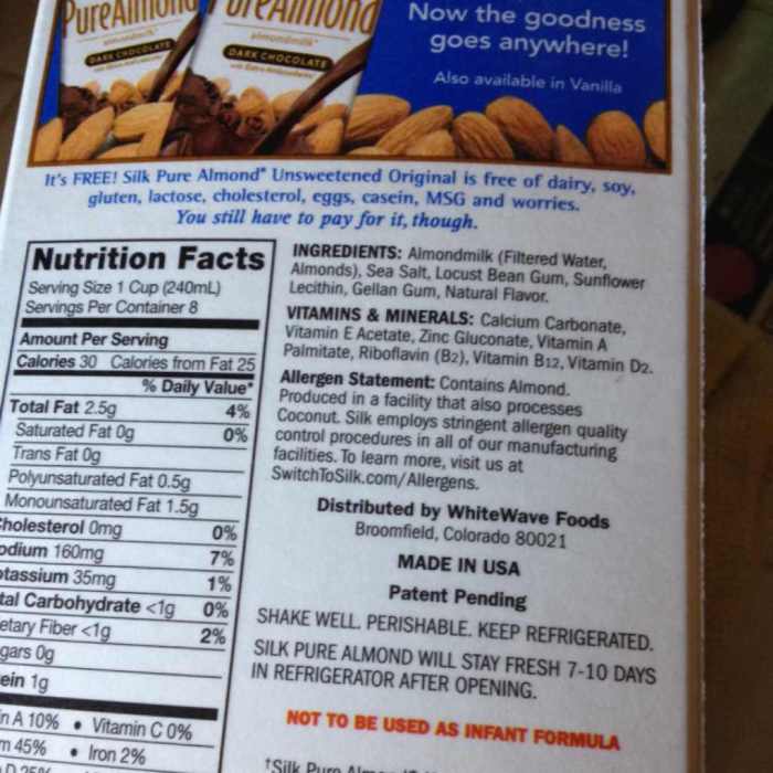 Silk almond milk nutrition facts